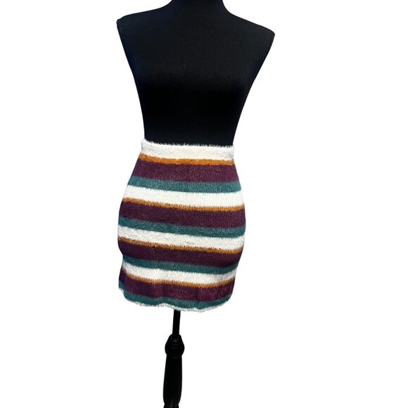 FREE PEOPLE FIG JAM STRIPPED SOFT FUZZY MINI SKIRT MULTI COLOR BOHO TWEE PREPPY - Picture 1 of 9
